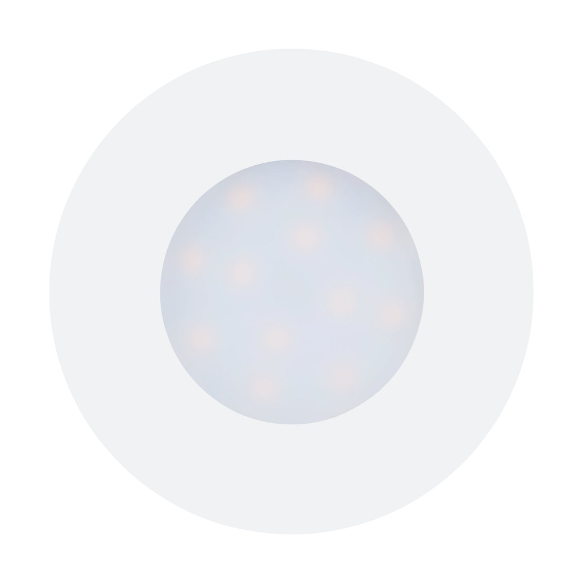 Gros plan du diffuseur rond laiteux où transparaissent les puces LED