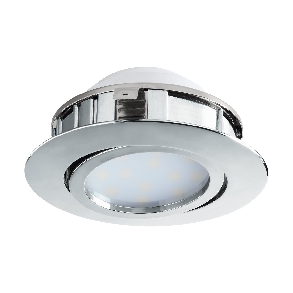 Vue en biais du spot chromé montrant les clips de fixation et la bague orientable