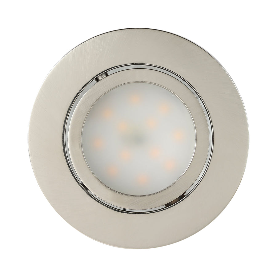 Vue de face d'un spot rond à diffuseur LED et finition nickel brossé.