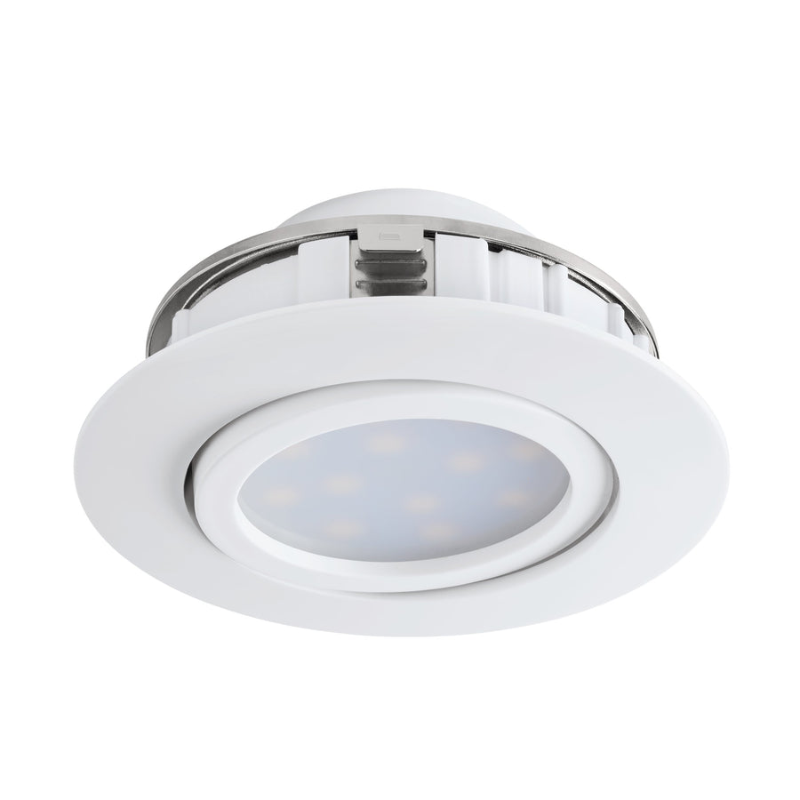 Vue de face du spot encastrable blanc, anneau métallique et diffuseur lumineux
