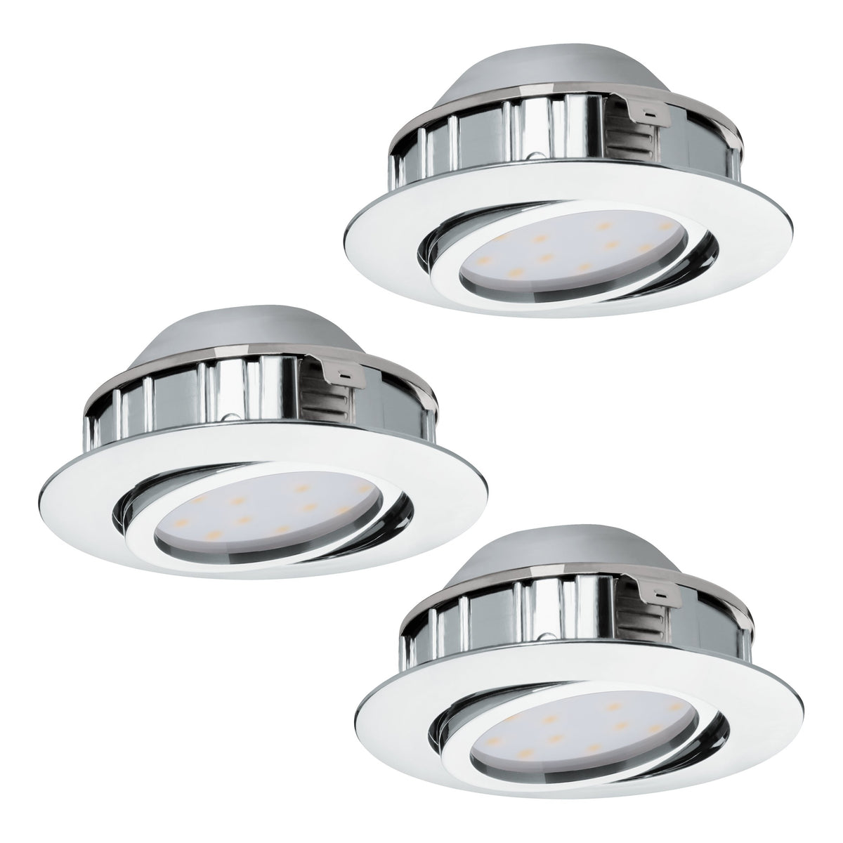 Vue éclatée du spot montrant collerette blanche, corps chromé et module LED