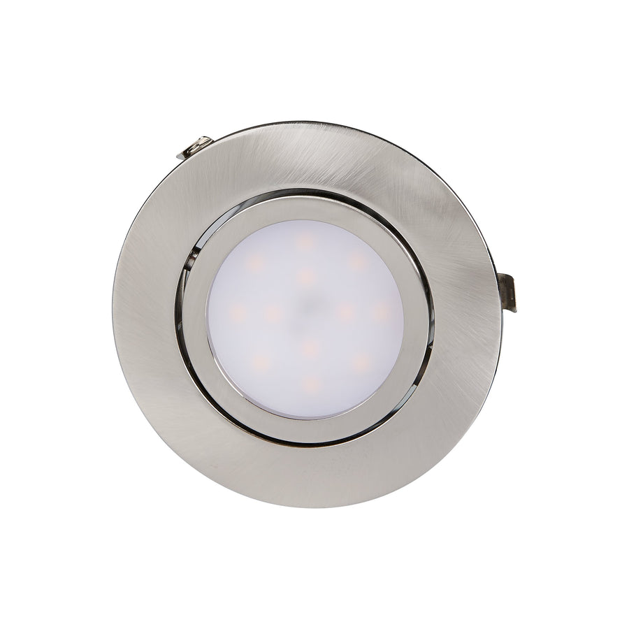 Vue de face du spot circulaire, collerette brossée et diffuseur LED allumé