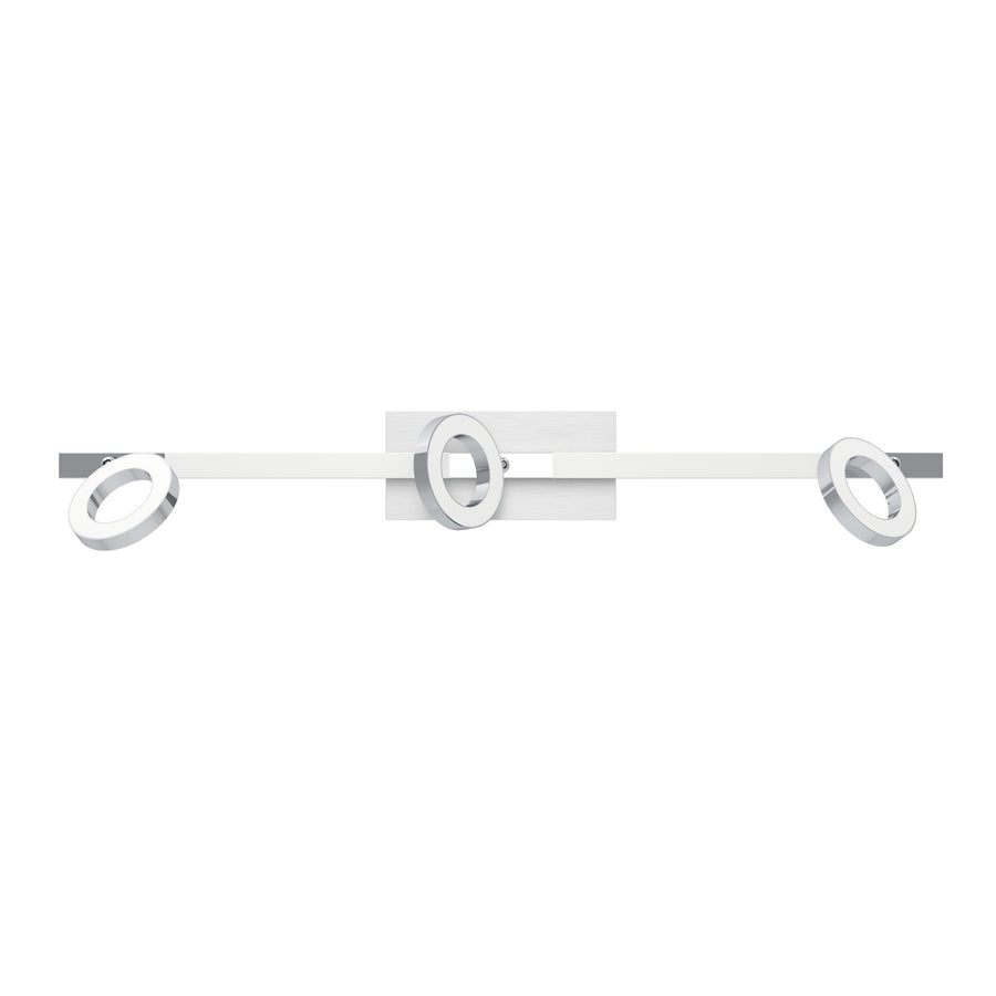Vue de face du spot plafond trois anneaux, rail horizontal et base rectangulaire centrale en métal.