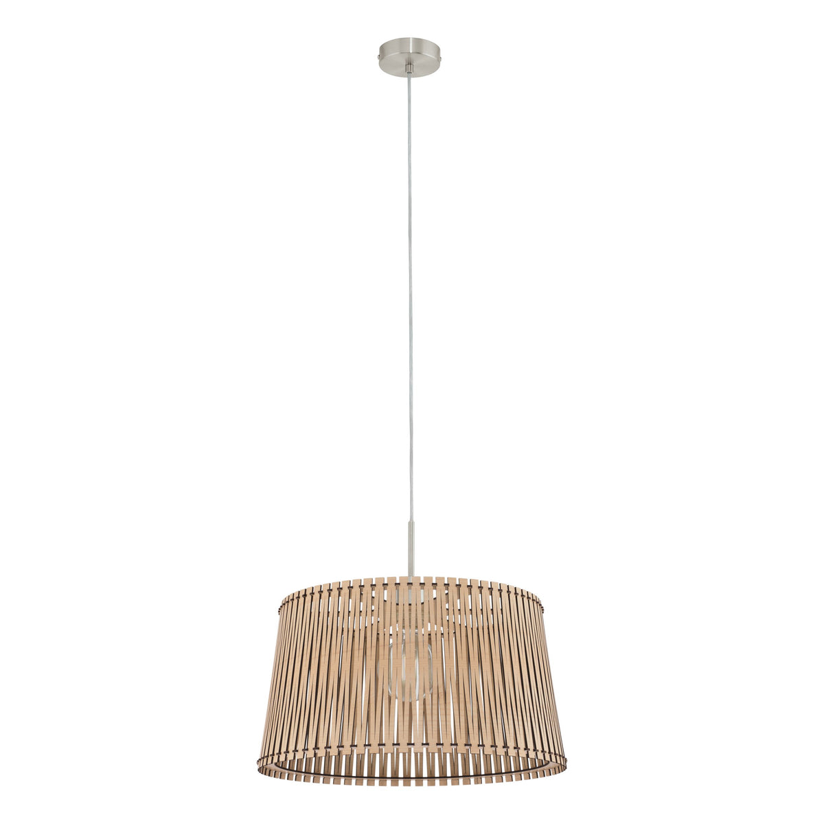 Vue de face du luminaire suspendu avec diffuseur en bois et câble réglable fin.
