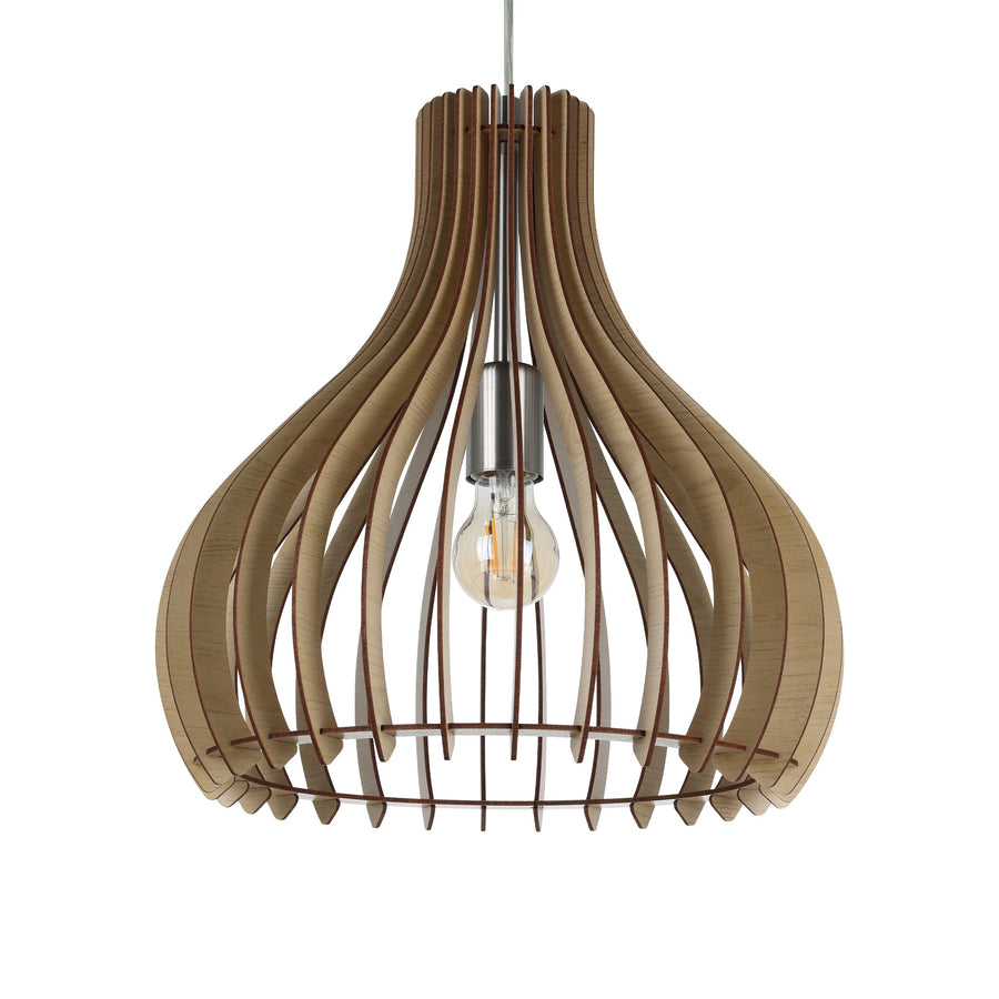 Gros plan sur les lamelles en bois courbées et la douille métallique du luminaire.