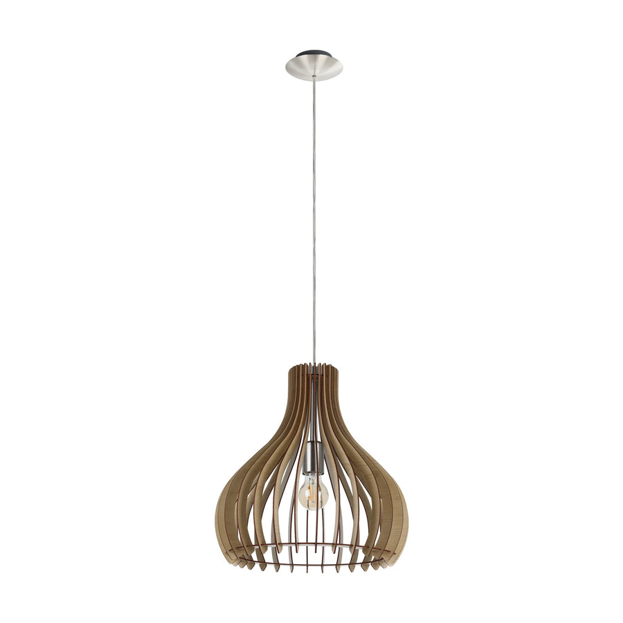 Vue d'ensemble de la suspension en bois éteinte, avec sa rosace métallique fixée au plafond.
