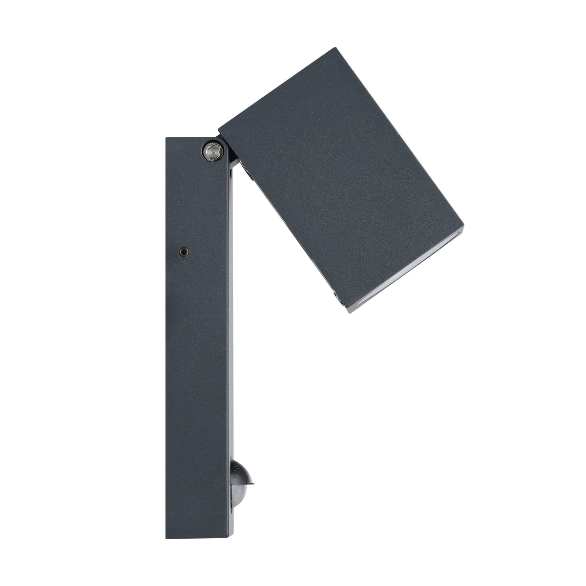Profil latéral de l'applique anthracite montrant la platine murale et le capteur inférieur.