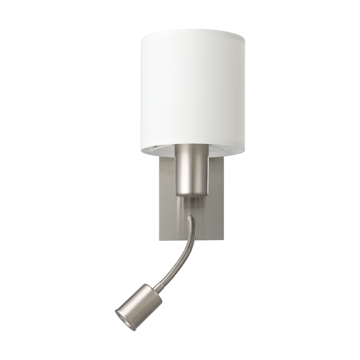 Vue de face de l'applique avec abat-jour blanc et bras flexible orientable.