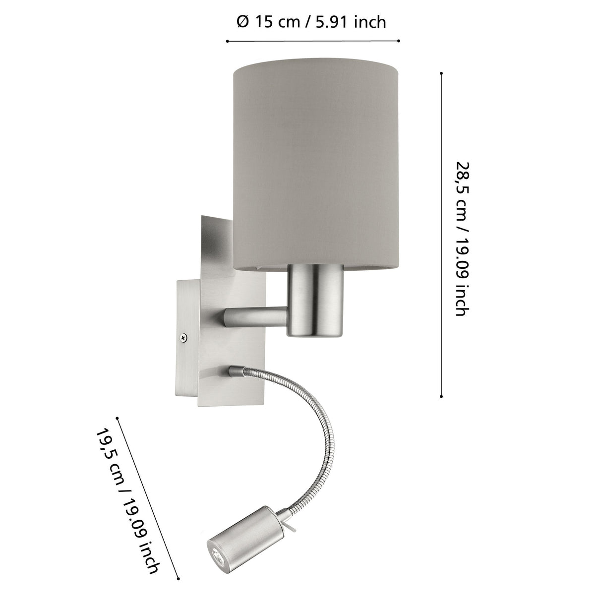 Schéma de dimensions du luminaire avec diamètre d'abat-jour, hauteur et longueur du bras