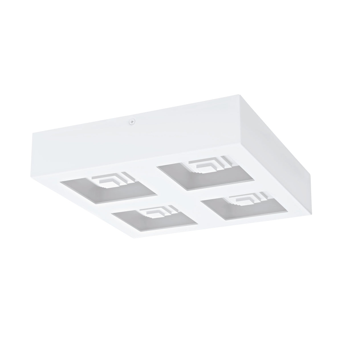 Vue de dessous du luminaire blanc montrant quatre réflecteurs carrés et vis de fixation.
