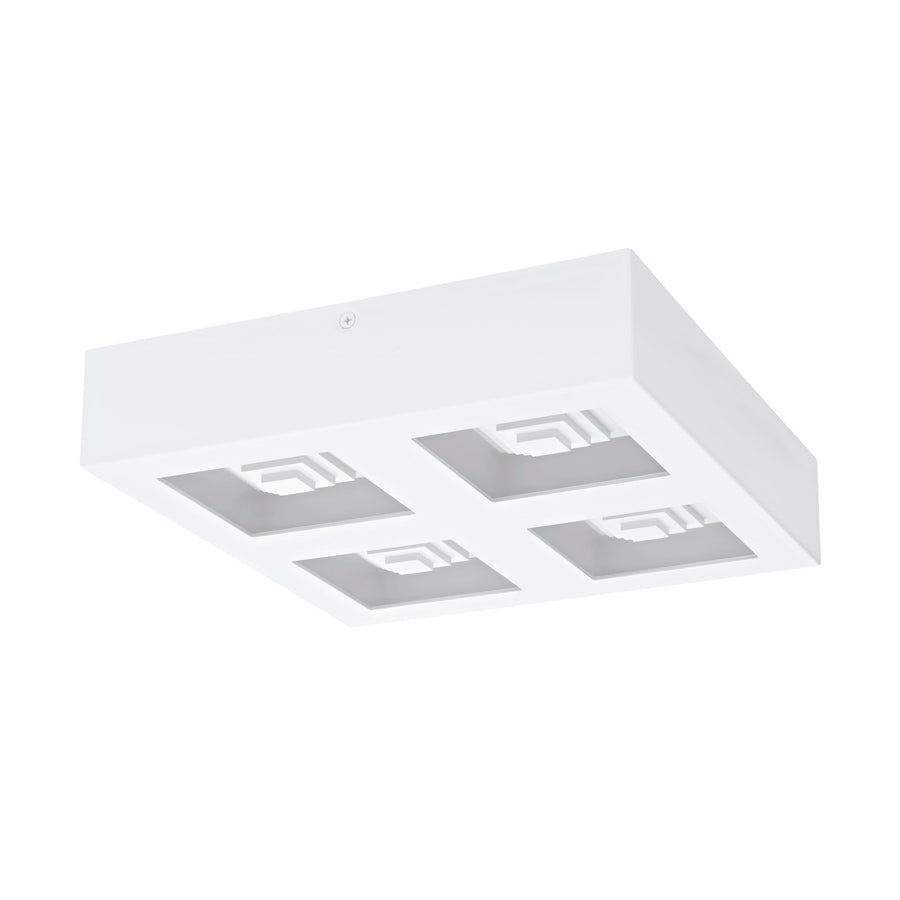 Vue de dessous du luminaire blanc montrant quatre réflecteurs carrés et vis de fixation.