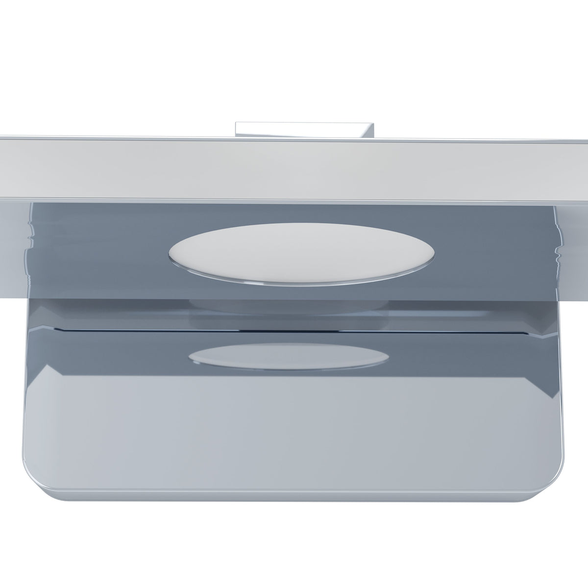 Vue de face du bandeau chromé et de son diffuseur central blanc ovale