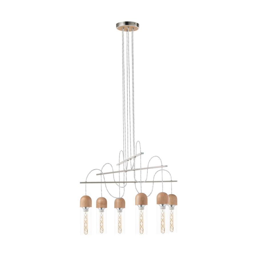 Vue produit rapprochée des six cylindres en verre coiffés de bois clair