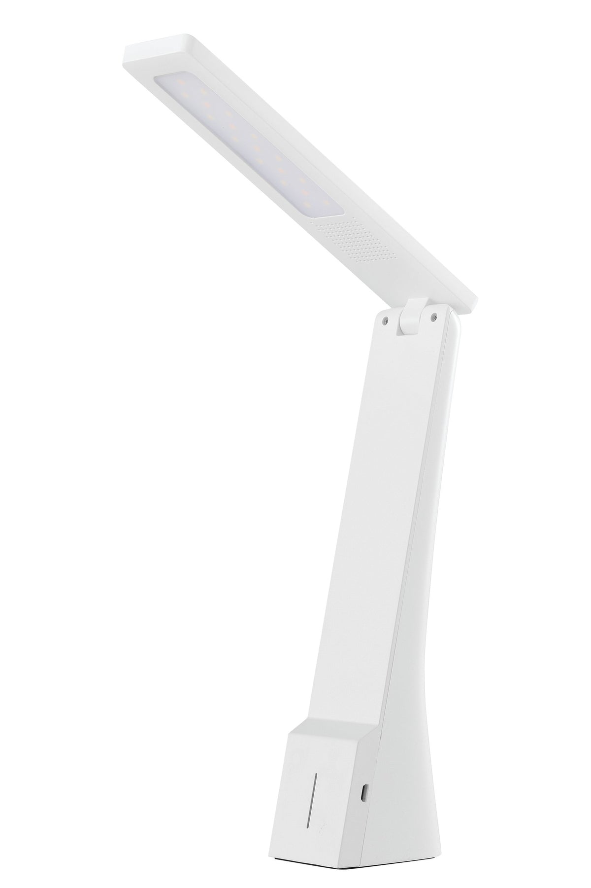 Vue de face du luminaire blanc, diffuseur LED allumé et détails de la base