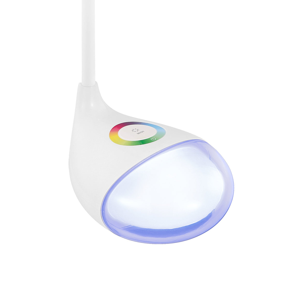 Détail du socle et de la commande tactile, diffuseur translucide allumé en blanc bleuté.