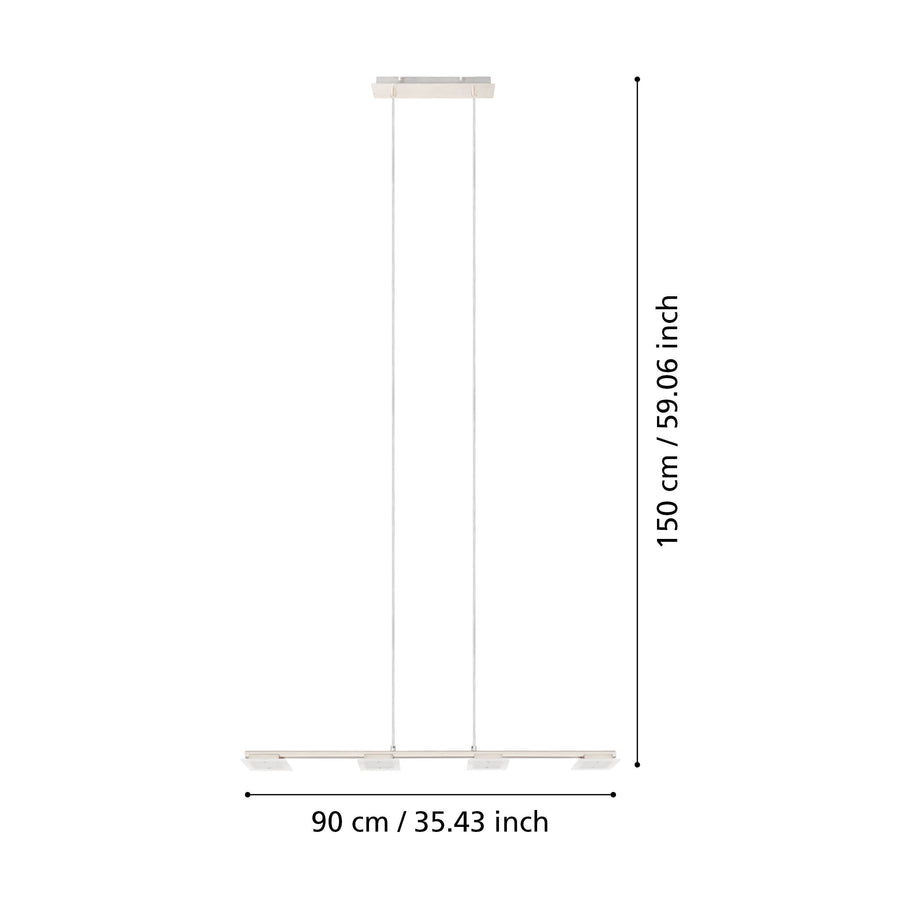 Schéma de dimensions indiquant 90 cm de largeur et 150 cm de hauteur maximale