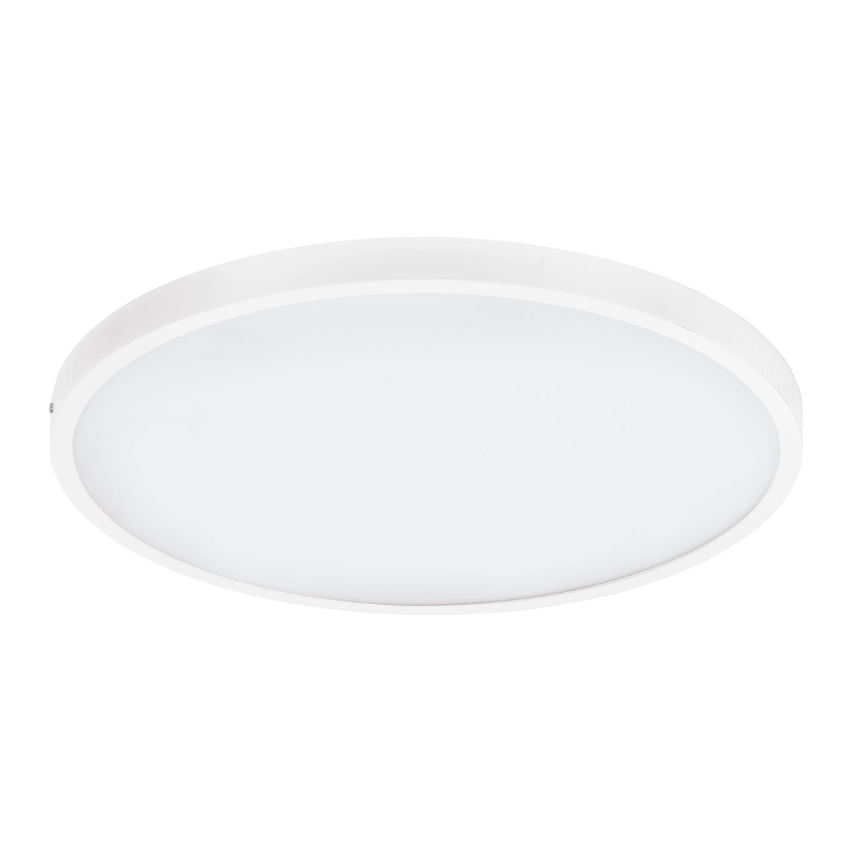 Vue en légère plongée du luminaire blanc, épaisseur du bord et vis apparentes