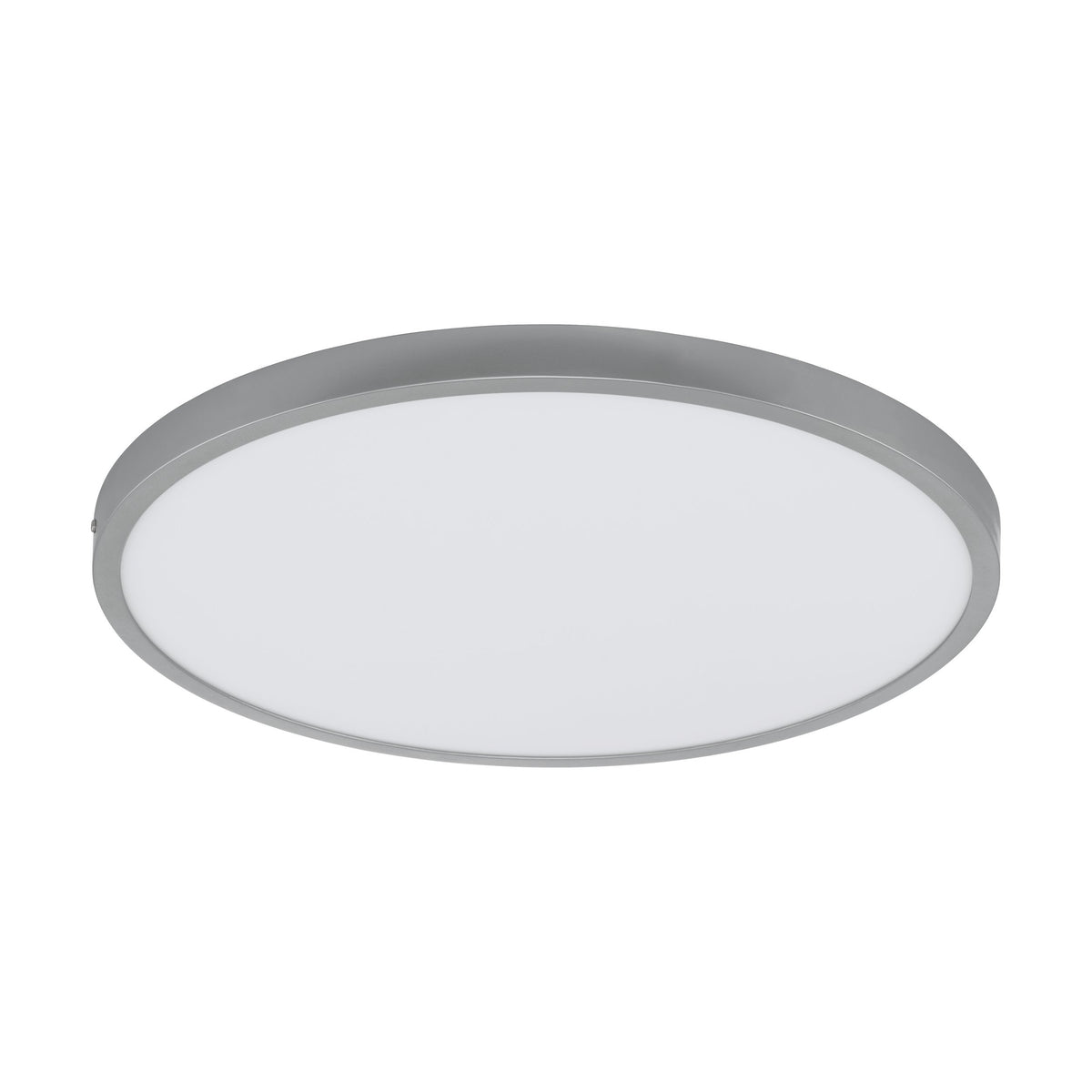 Second angle du plafonnier rond, cerclage argent brossé et vasque blanche opaque