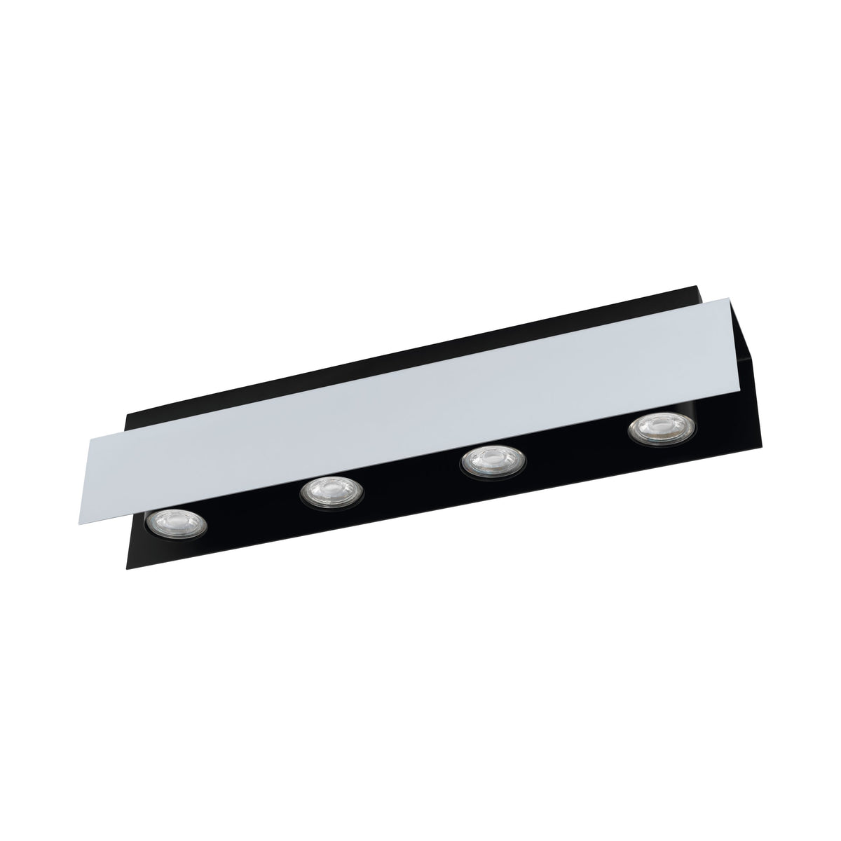 Vue de dessous montrant les quatre verres diffuseurs et la base noire du luminaire