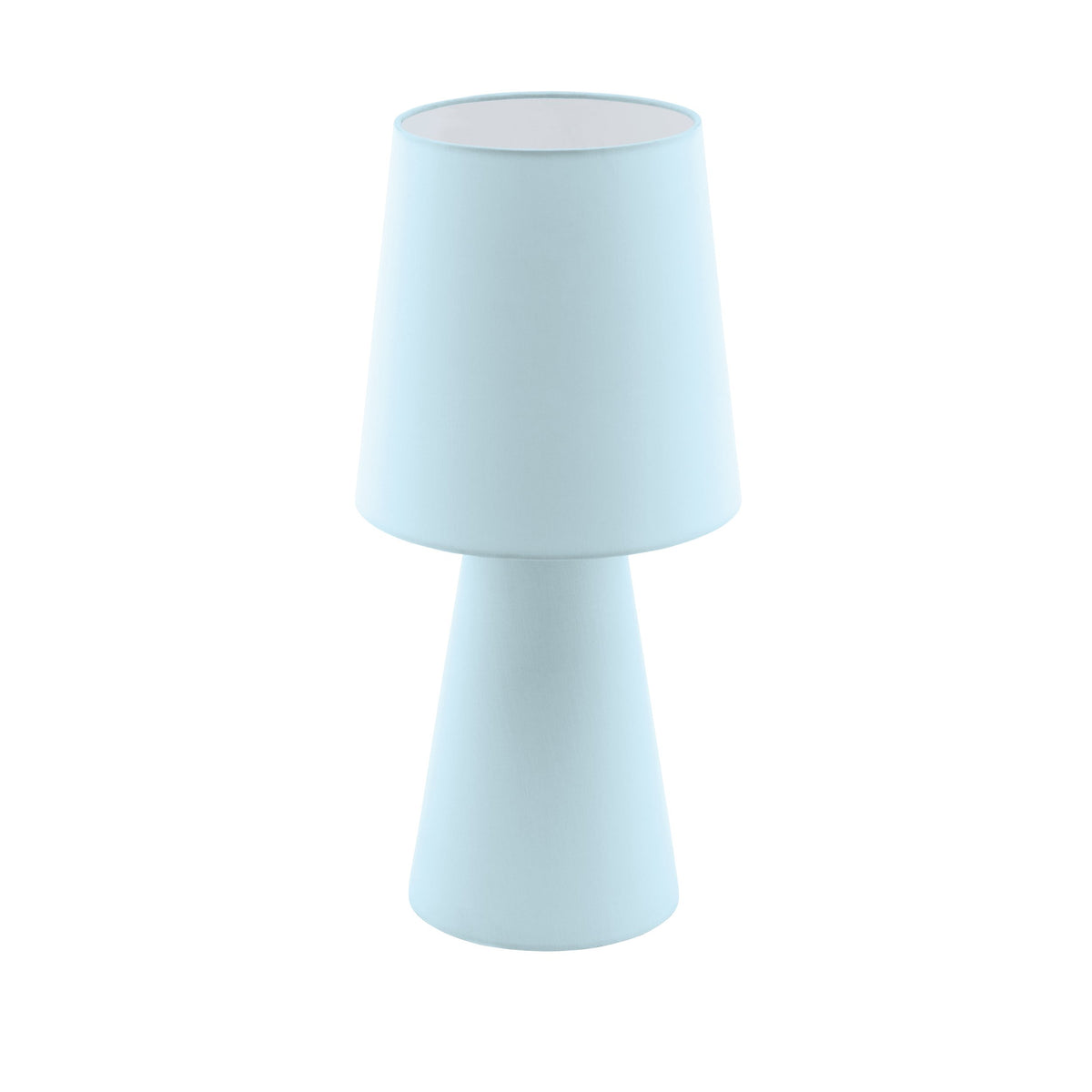 Lampe à poser bleu pastel de trois quarts, abat-jour conique et pied évasé