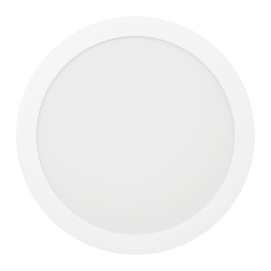 Vue de face du plafonnier rond blanc avec diffuseur opale et large cercle périphérique