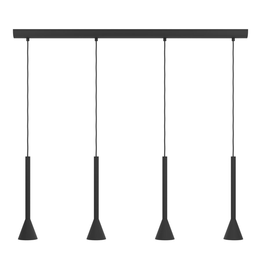 Vue de face, rail noir supportant quatre suspensions fines à cônes noirs.