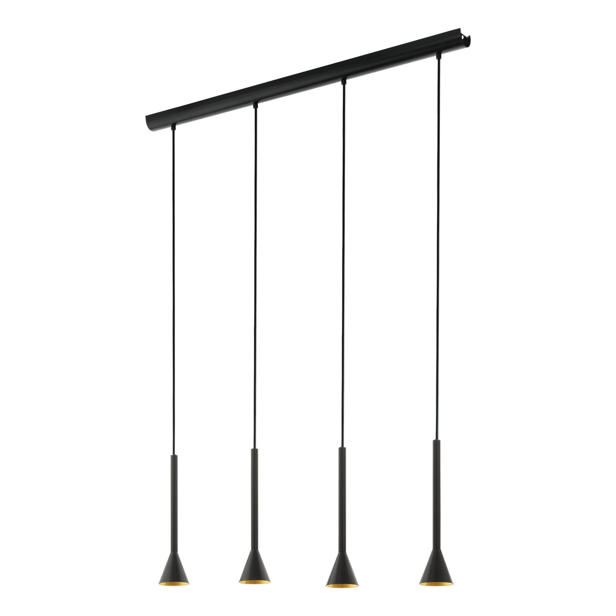 Vue en perspective du rail noir et des quatre cônes noirs à liseré doré.