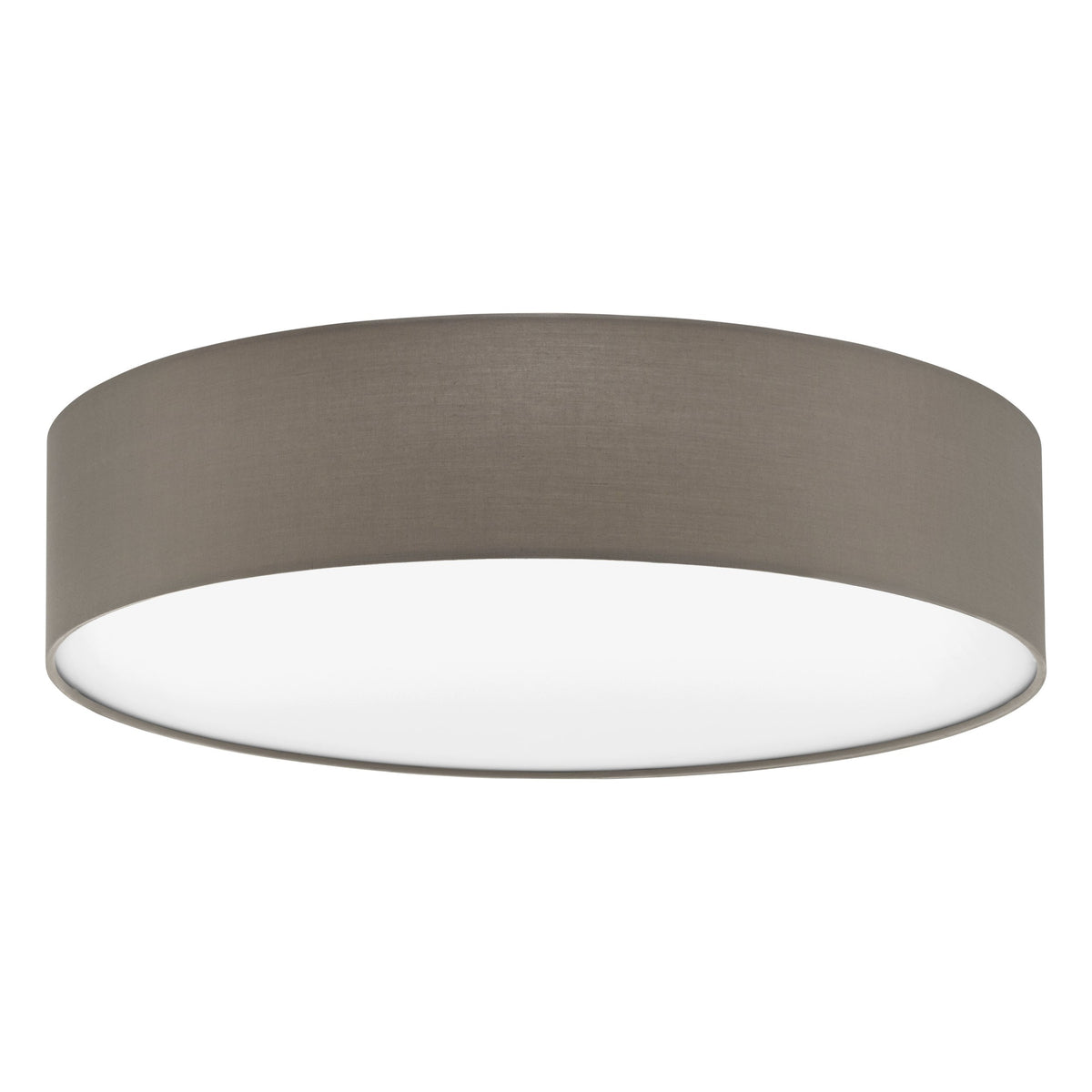 Vue de face du luminaire rond en tissu taupe avec diffuseur blanc lumineux