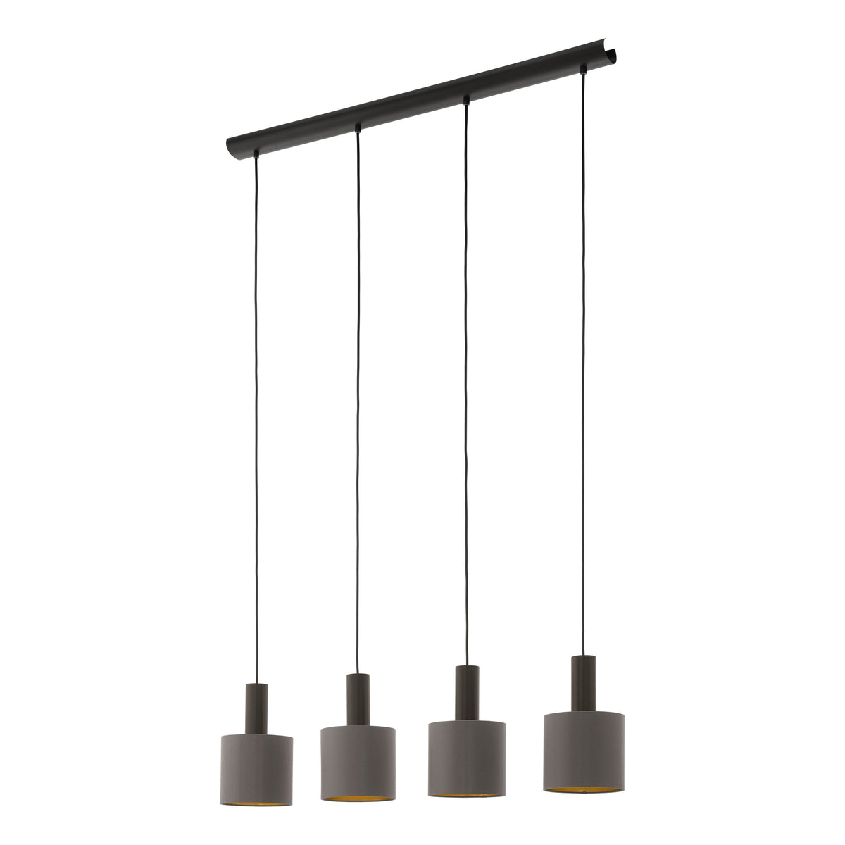 Vue rapprochée des cylindres suspendus, intérieur doré et finition mate gris taupe