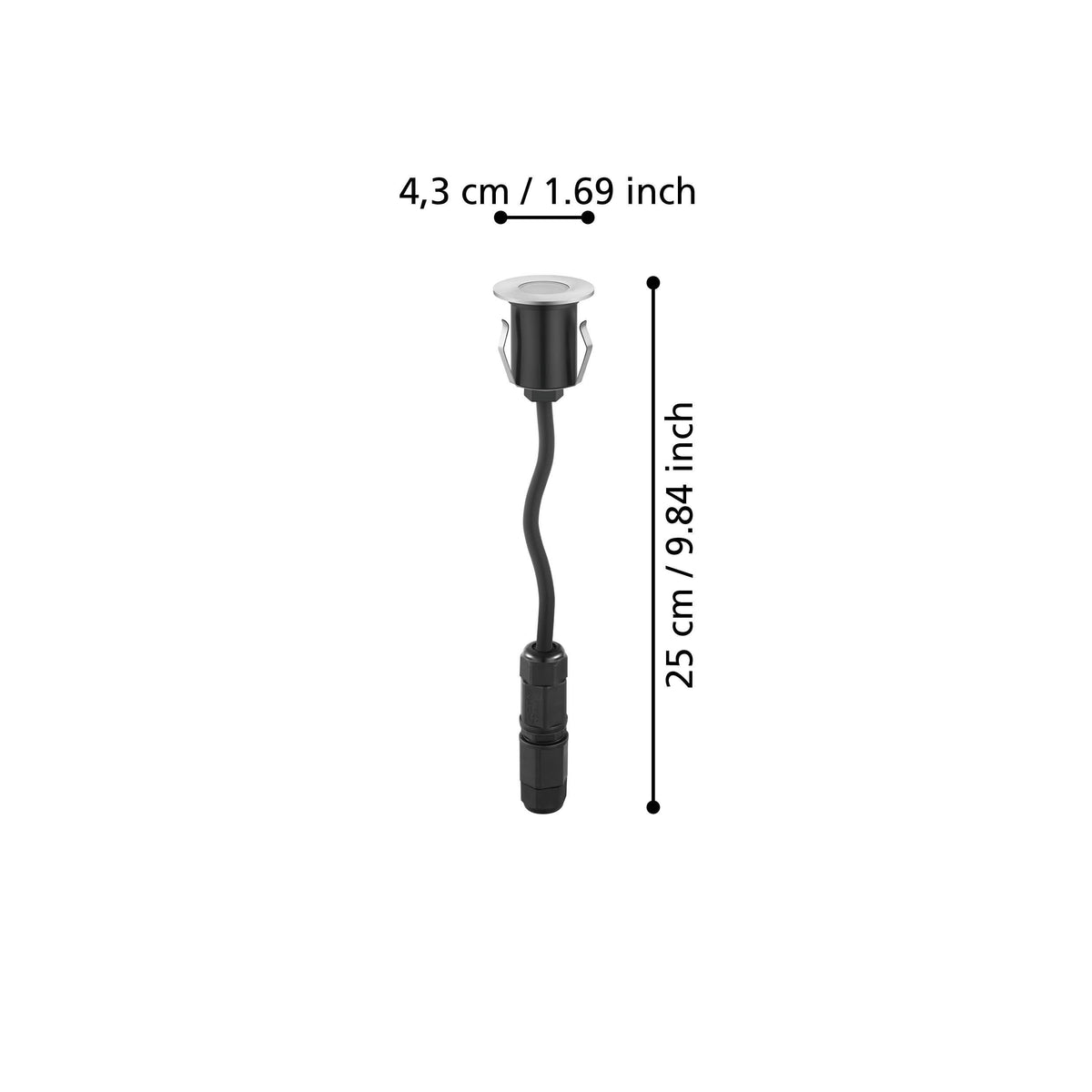 Schéma coté indiquant 4,3 cm de diamètre et 25 cm de longueur.