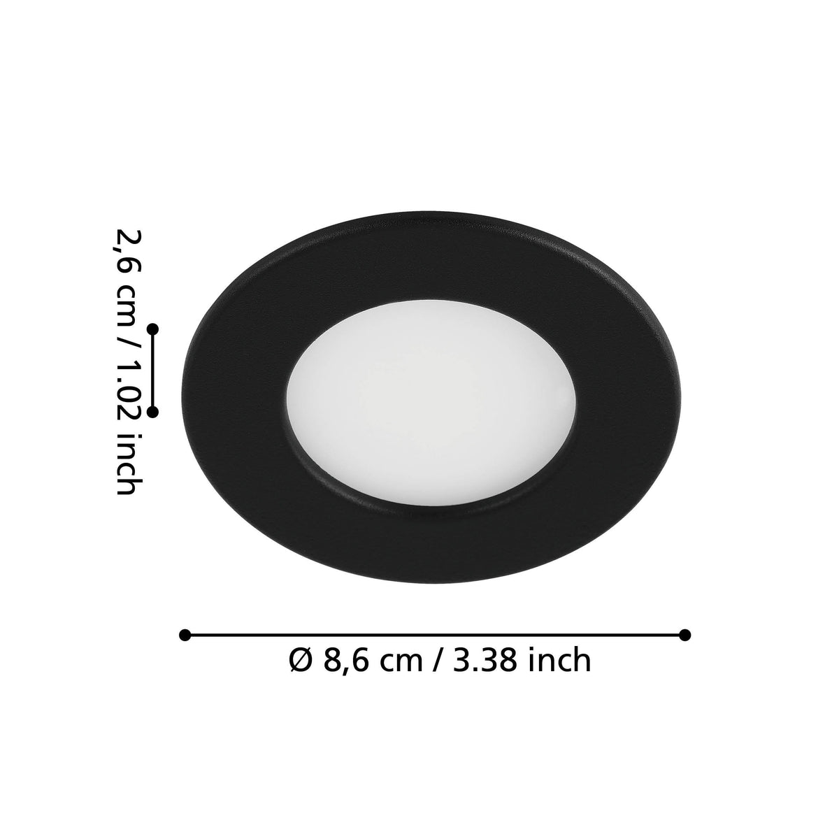 Schéma coté du spot encastrable rond indiquant diamètre 8,6 cm et profondeur 2,6 cm.