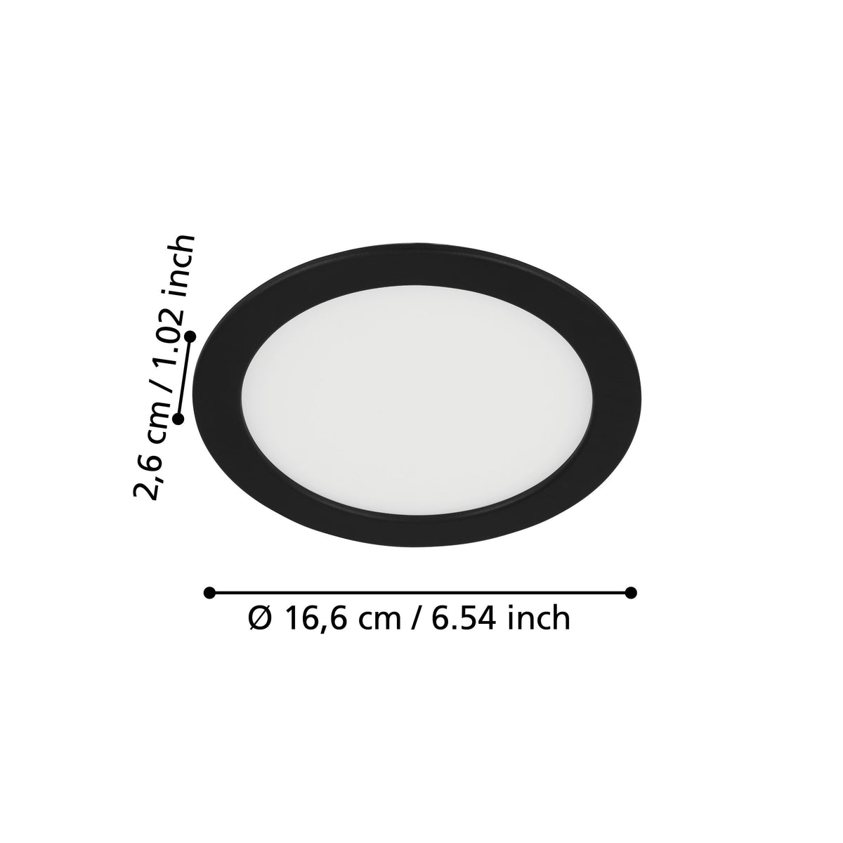 Schéma coté du spot rond, diamètre 16,6 cm et épaisseur 2,6 cm