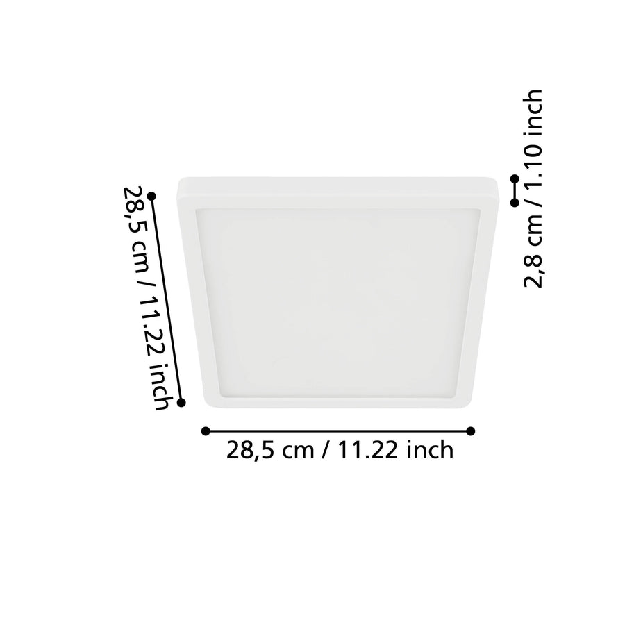 Schéma de dimensions du plafonnier carré avec 28,5 cm de côté et 2,8 cm d'épaisseur.