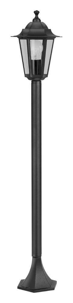 Lampadaire extérieur noir de face, lanterne vitrée et base octogonale, fond blanc