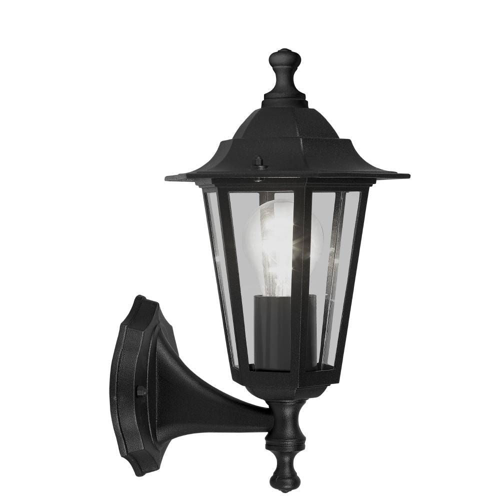 Applique murale noire style lanterne avec verre transparent, ampoule visible, vue de face sur fond blanc.