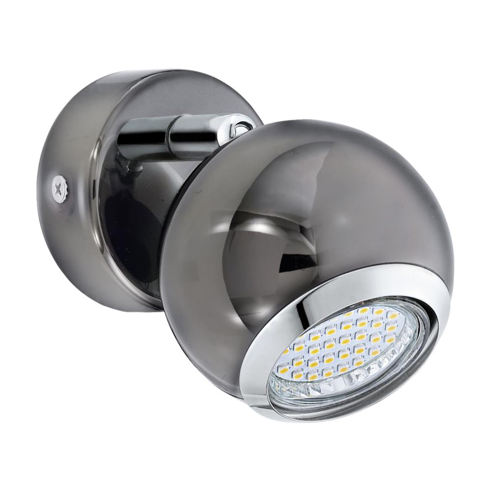 Vue de trois quarts du spot mural orientable noir et nickel, réflecteur LED allumé