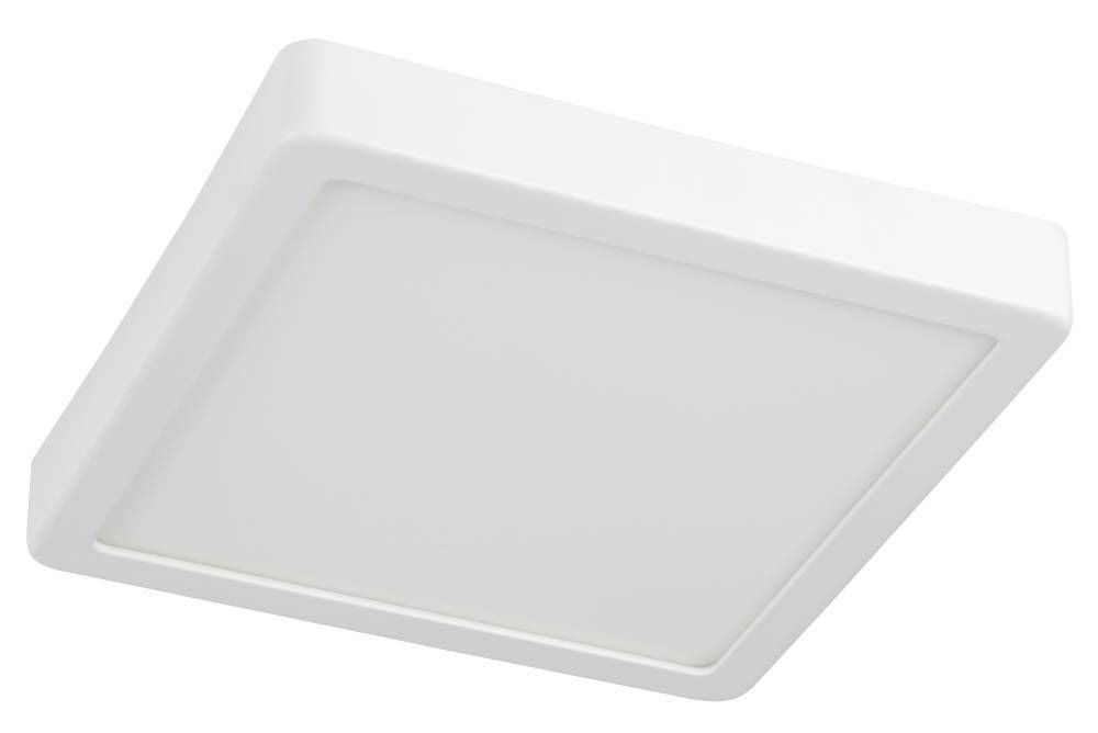 Vue rapprochée du plafonnier blanc montrant le cadre carré et la surface lumineuse