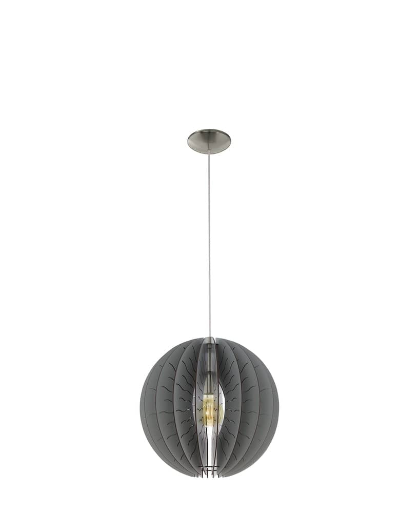 Suspension au globe de lattes grises, ampoule centrale visible, vue de face