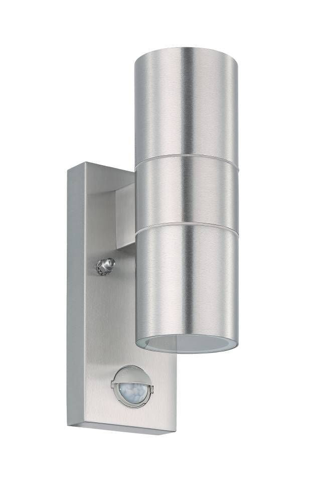 Vue de face de l'applique cylindrique en inox avec support rectangulaire et détecteur.