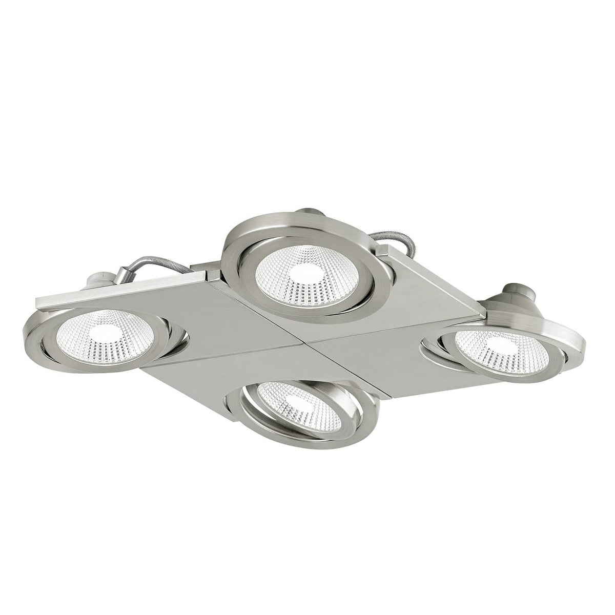 Spot plafond carré à quatre projecteurs orientables, finition métal brossé, sur fond blanc.