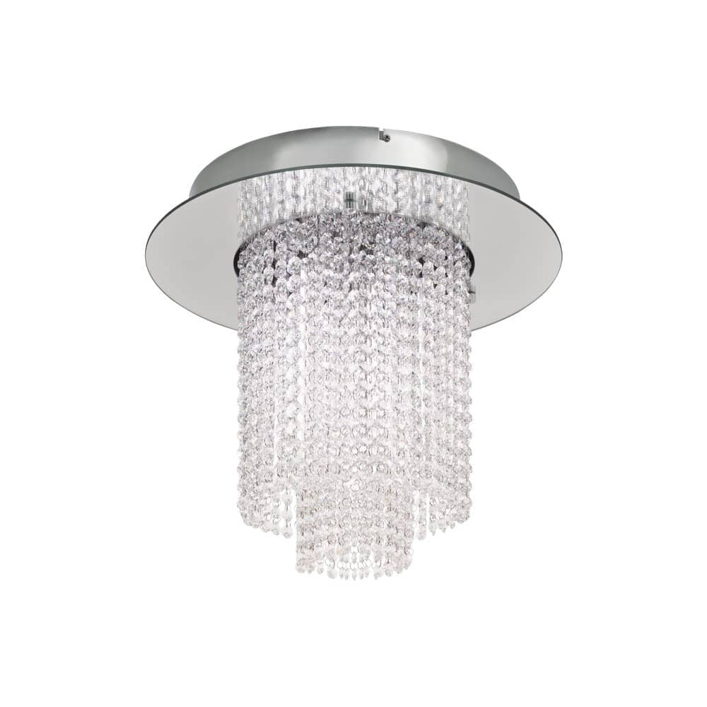 Plafonnier rond en métal chromé avec cascade cylindrique de cristaux transparents, sur fond blanc.