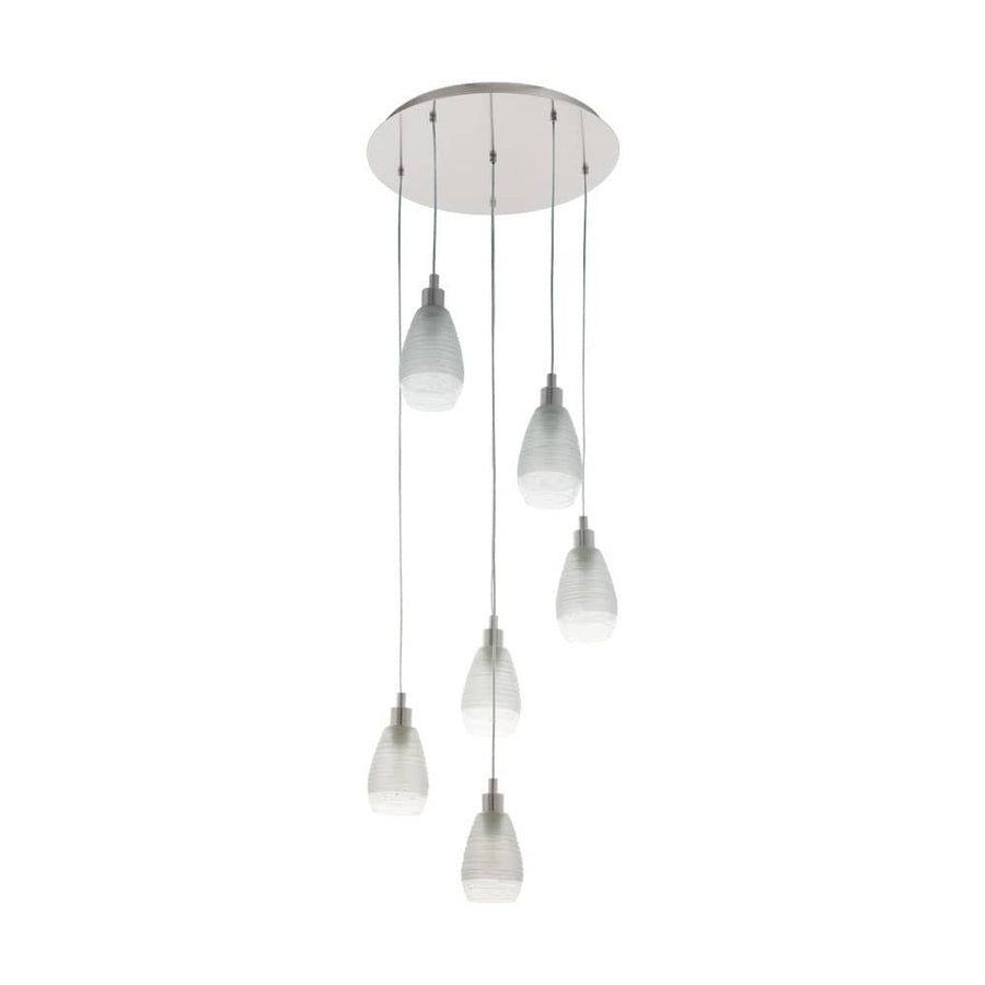 Suspension six lumières en verre transparent, produit de face sur fond blanc