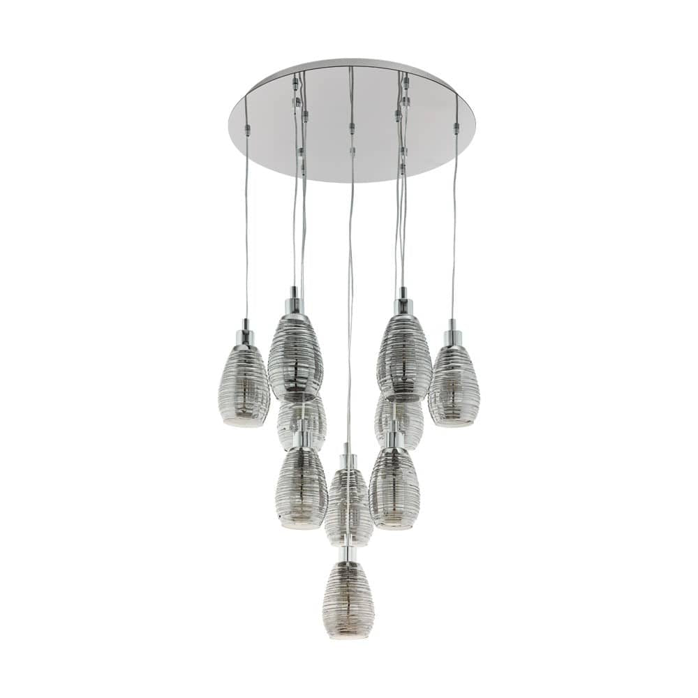 Vue de face du luminaire sur fond blanc, rosace ronde et dix abat-jours en verre strié.