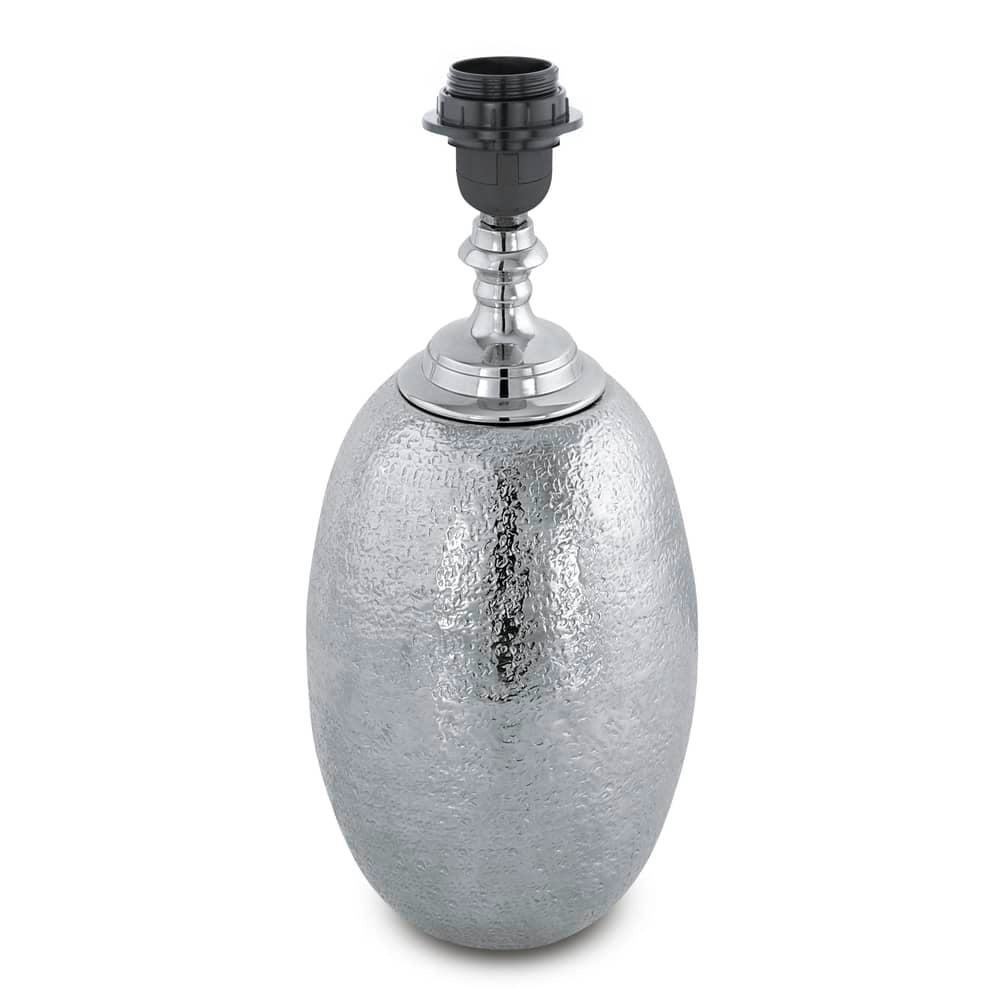 Lampe à poser sans abat-jour, base ovale en métal nickel texturé et douille noire.