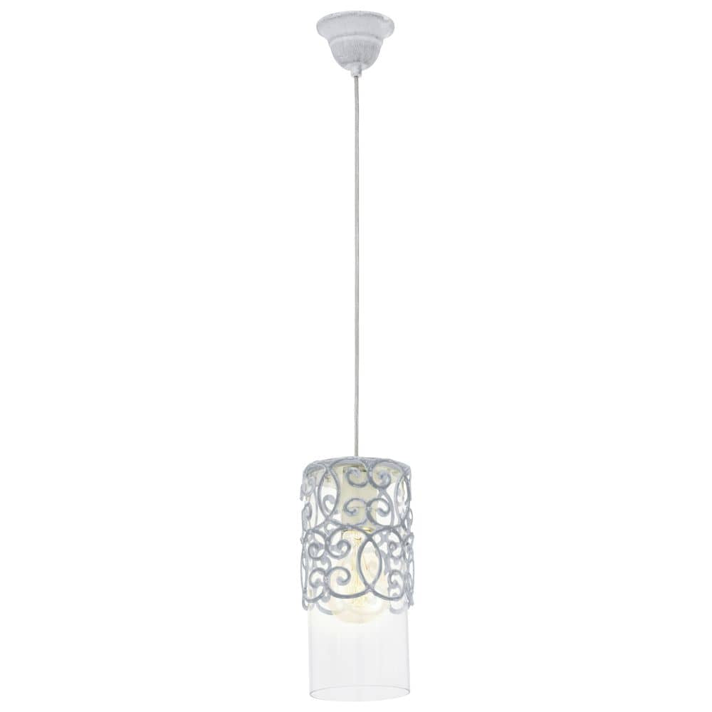 Suspension cylindrique en verre transparent et métal ajouré gris à volutes, vue de face