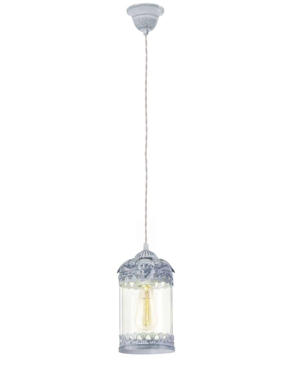 Suspension en métal gris-bleu et verre transparent avec ampoule visible