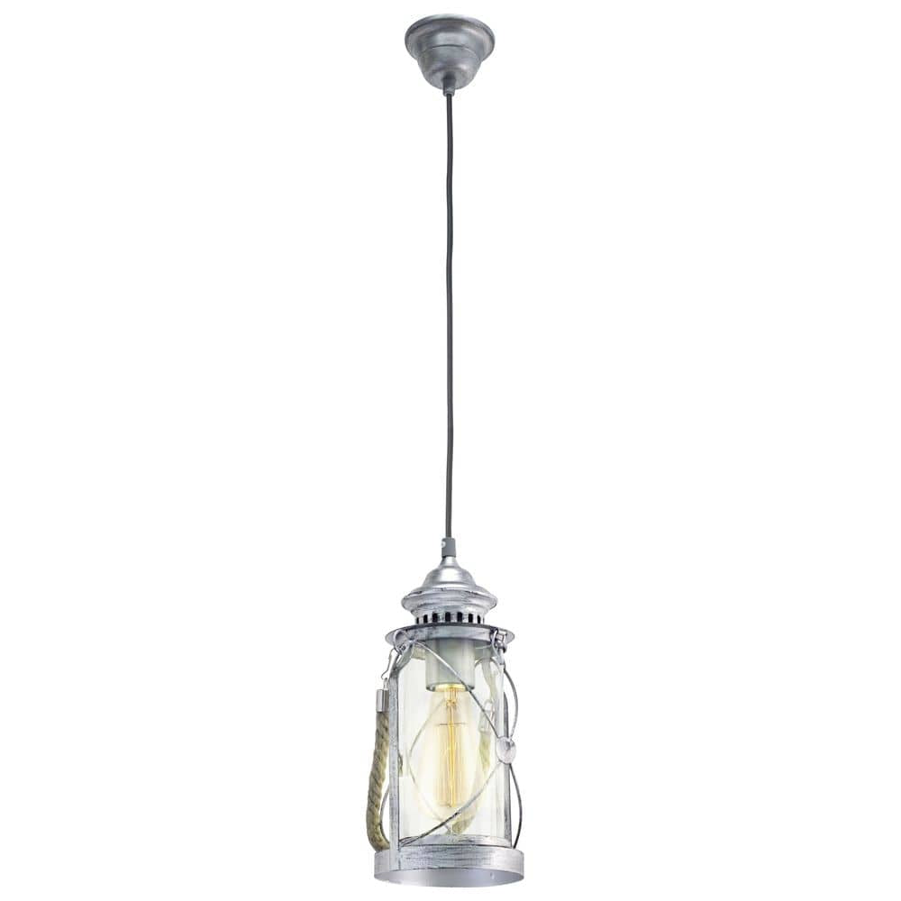 Suspension lanterne en métal argenté avec verre transparent et ampoule visible