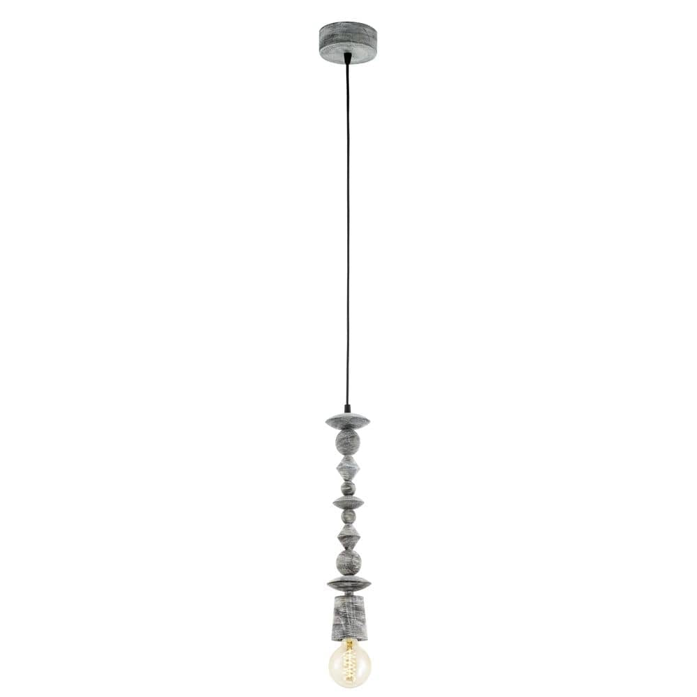 Suspension vue de face sur fond blanc, perles de bois tourné gris et ampoule visible