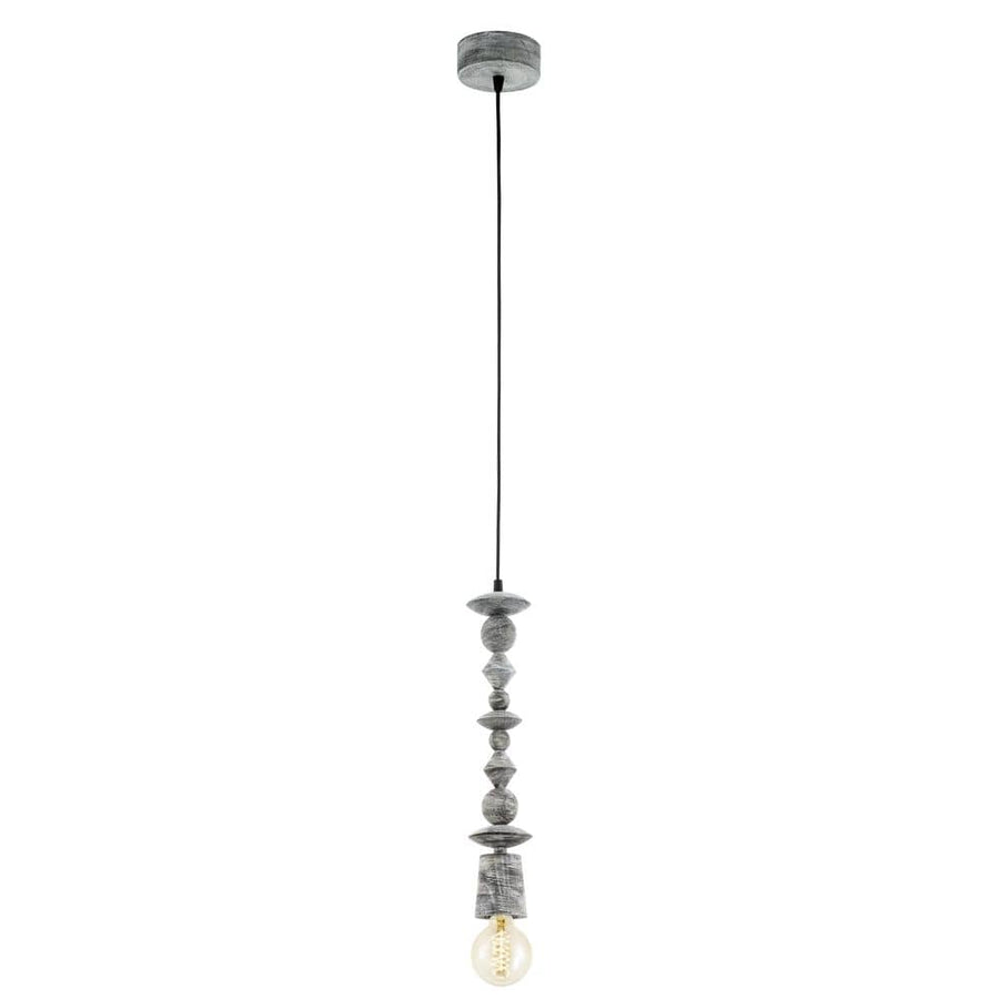 Suspension vue de face sur fond blanc, perles de bois tourné gris et ampoule visible
