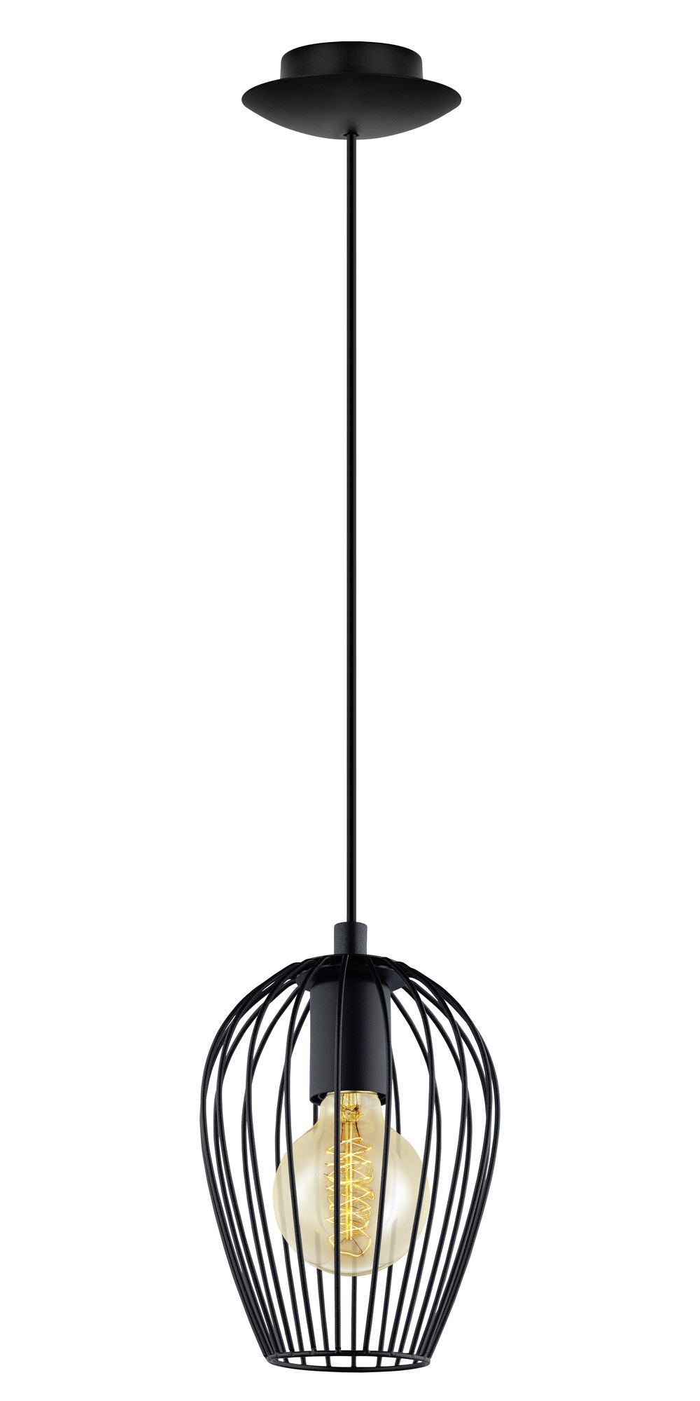 Vue entière de la suspension noire, cordon et cage ajourée sur fond blanc.